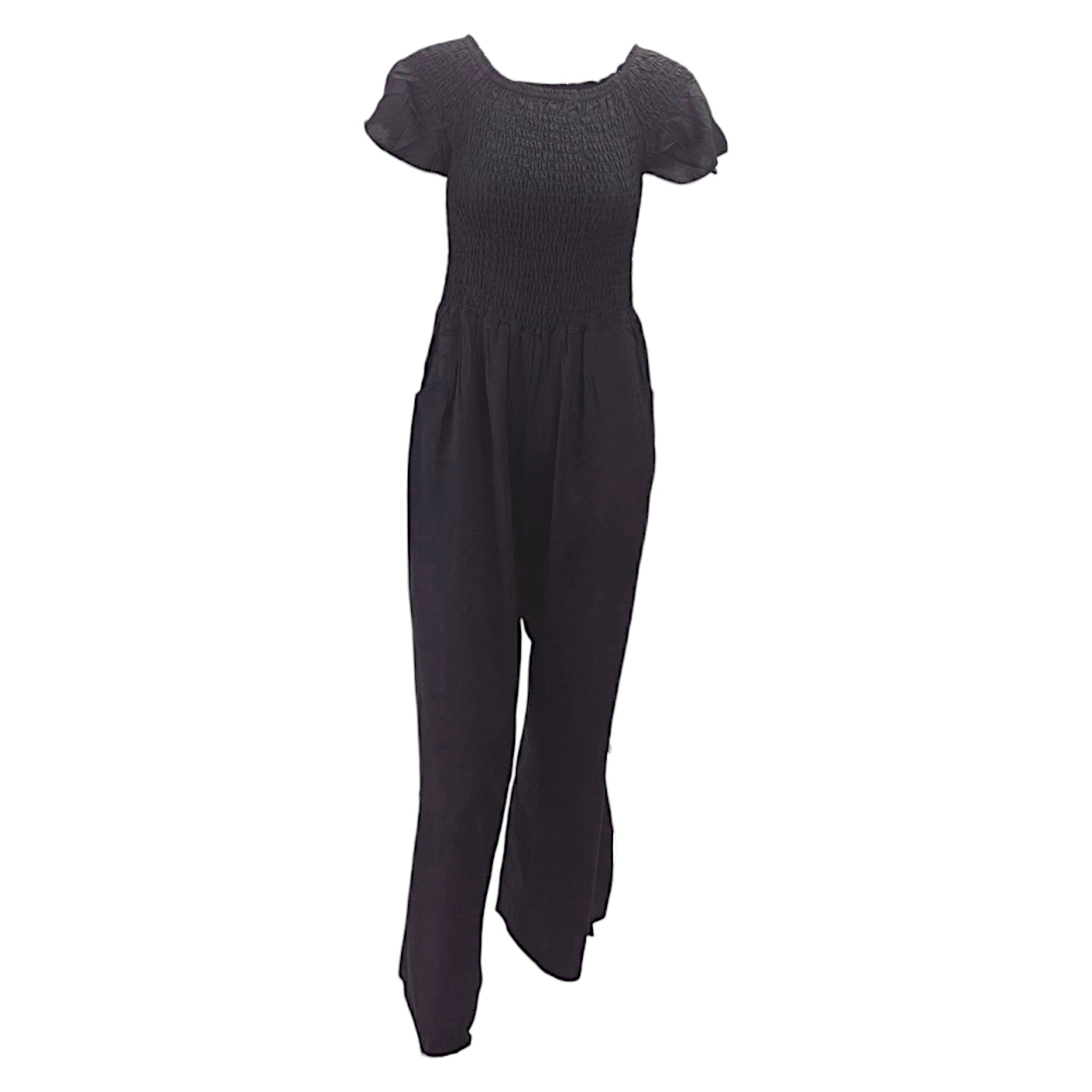 Black women's shirred jumpsuit with puff sleeves and wide-leg cropped